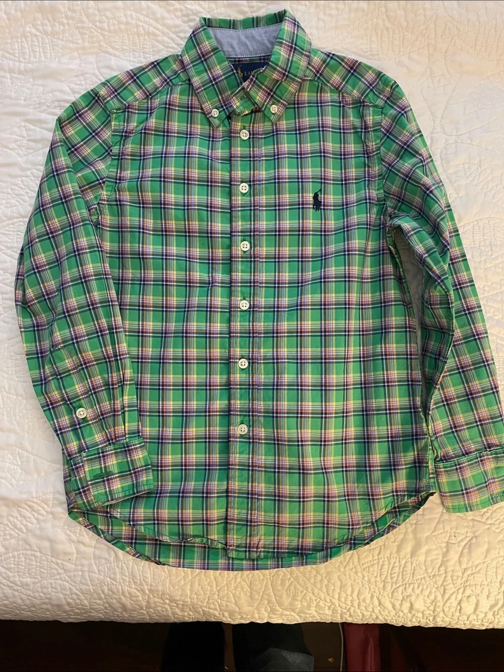 Ralph Lauren Green Plaid Button-Down Shirt with Navy Pony